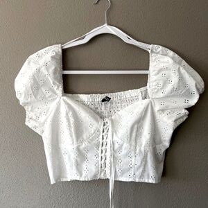 DIVIDED Eyelet Smocked Puff Sleeve Crop‎ Milkmaid Coquette White Blouse M